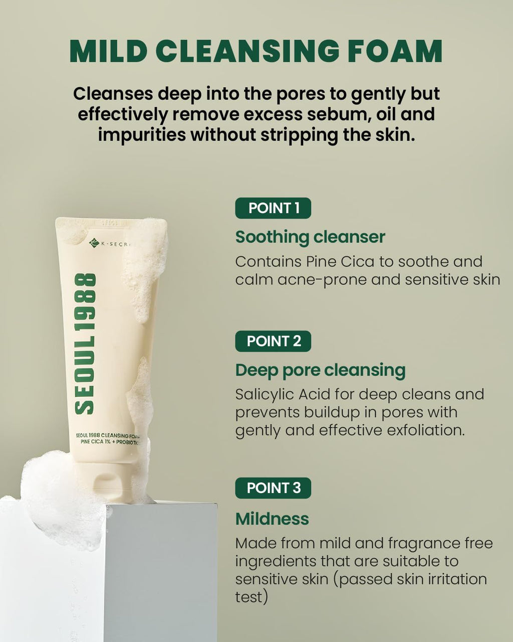 K-SECRET SEOUL 1988 Cleansing Foam : Pine Cica 1% + Probiotics  150ml