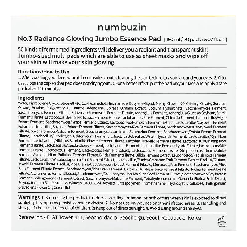 NUMBUZIN No.3 Radiance Glowing Jumbo Essence Pad (70ea)